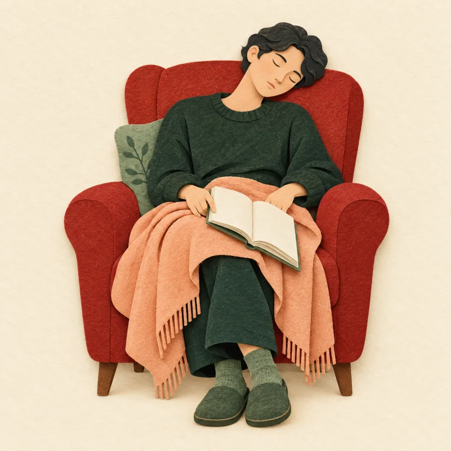 A person dozes in an armchair as a book slips away