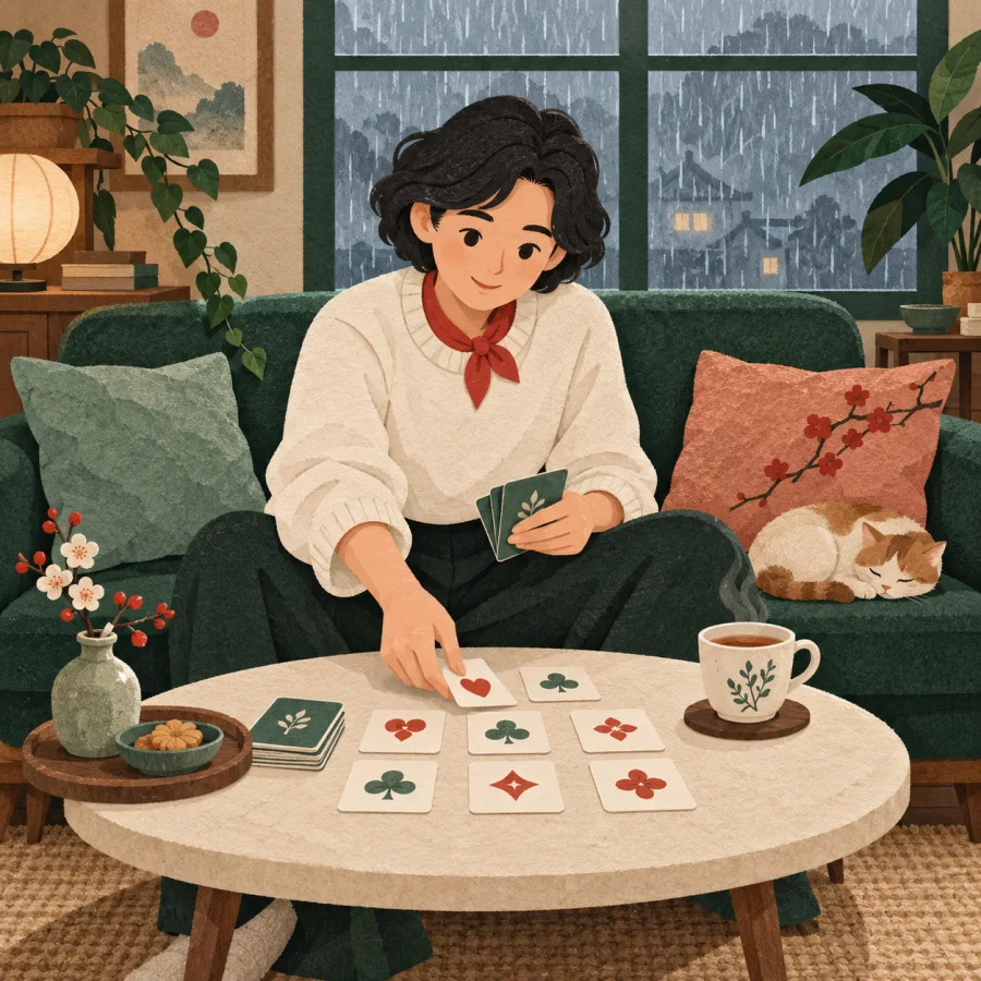 A person lays out cards with tea while rain falls outside