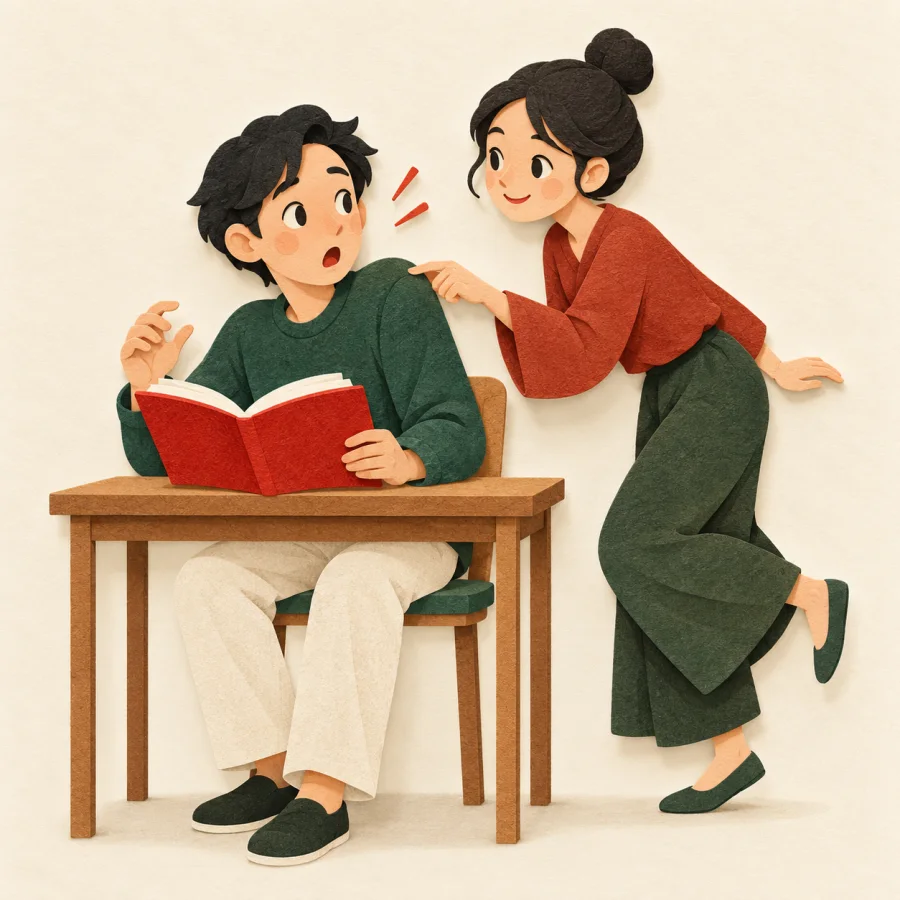 A person tiptoes in and taps a studying person's shoulder