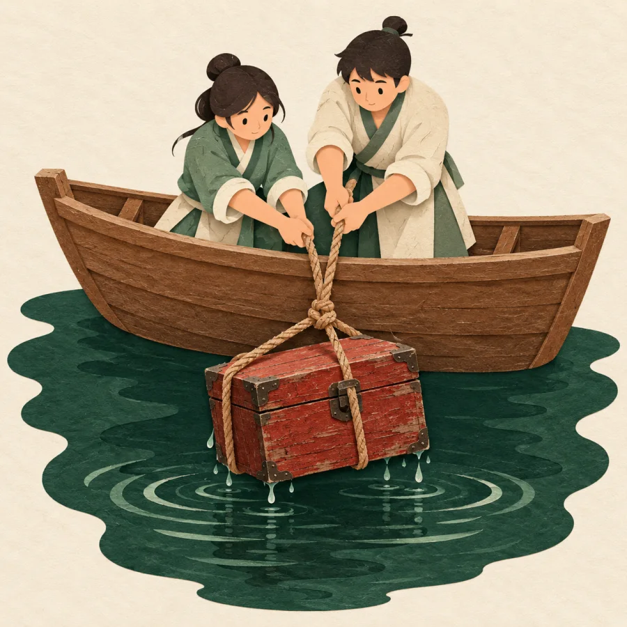 Two people in a boat lift an old chest from the water