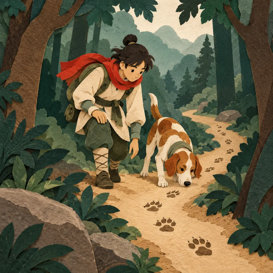A person with a dog follows tracks through a green forest