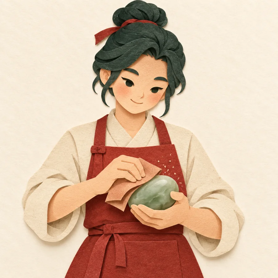 A craftsperson sands a jade stone with sandpaper