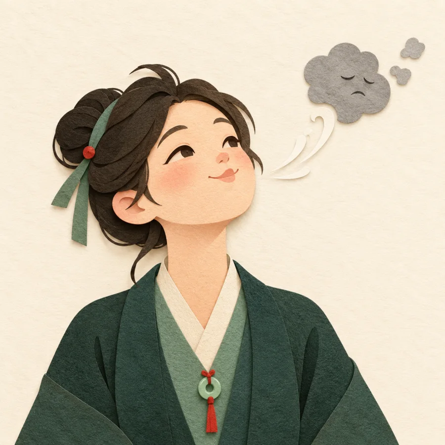 A person blows away a grey thought cloud above their head