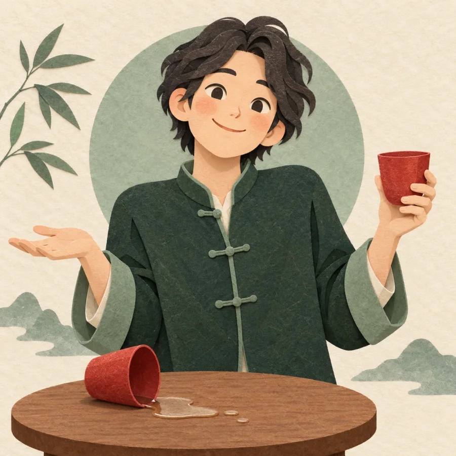 A person shrugs by a spilled cup while holding a spare