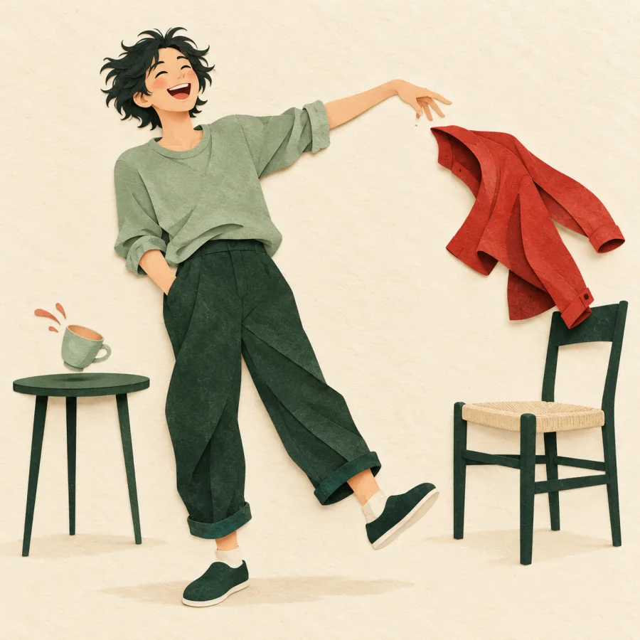 A messy-haired person laughs and tosses a jacket onto a chair
