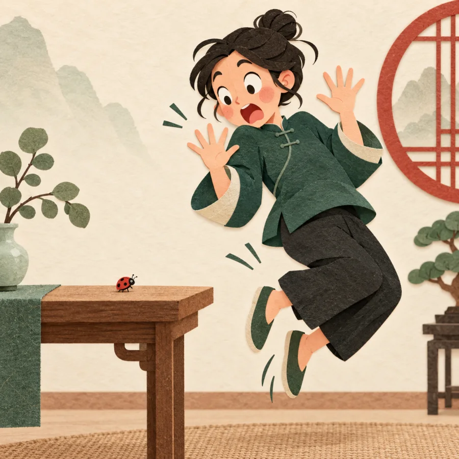 A person jumps back in fright from a tiny ladybug