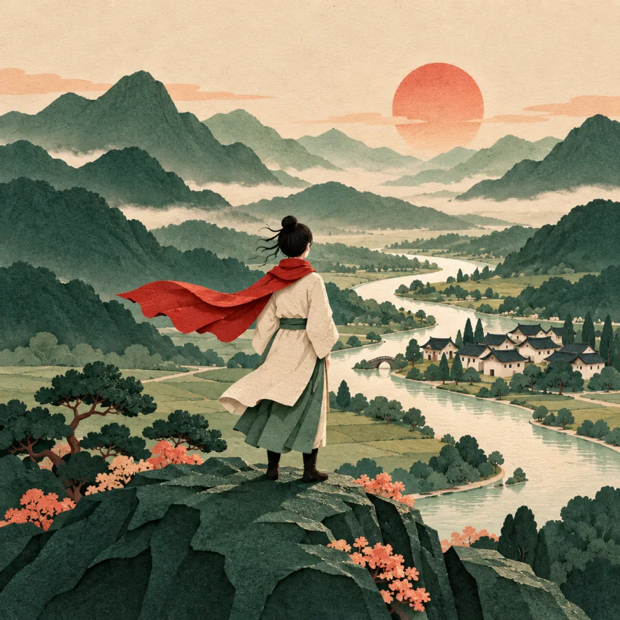 A person on a hill looks over a whole valley and village