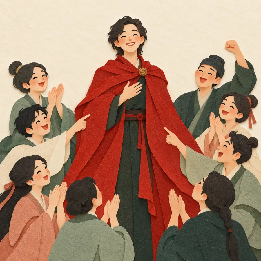 A smiling person in a red cloak amid an admiring crowd