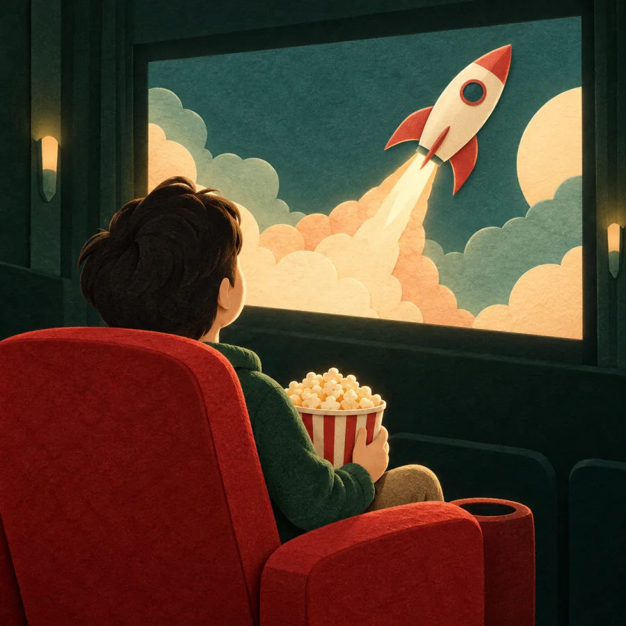 A person with popcorn watches a huge screen in a cinema