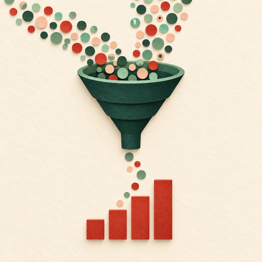 Many dots flow into a funnel and become a rising bar chart