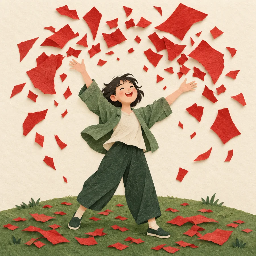 A person flings an armful of paper scraps over a lawn
