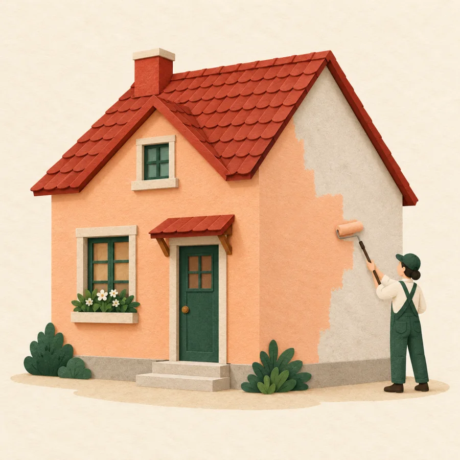 A nearly finished house with a person holding a paint roller
