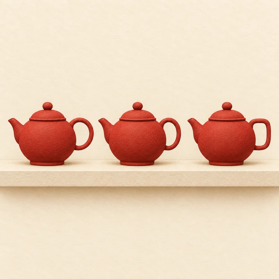 Three nearly identical red teapots in a row