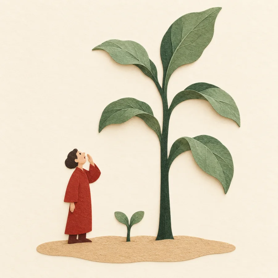 A tiny sprout beside a very tall grown plant
