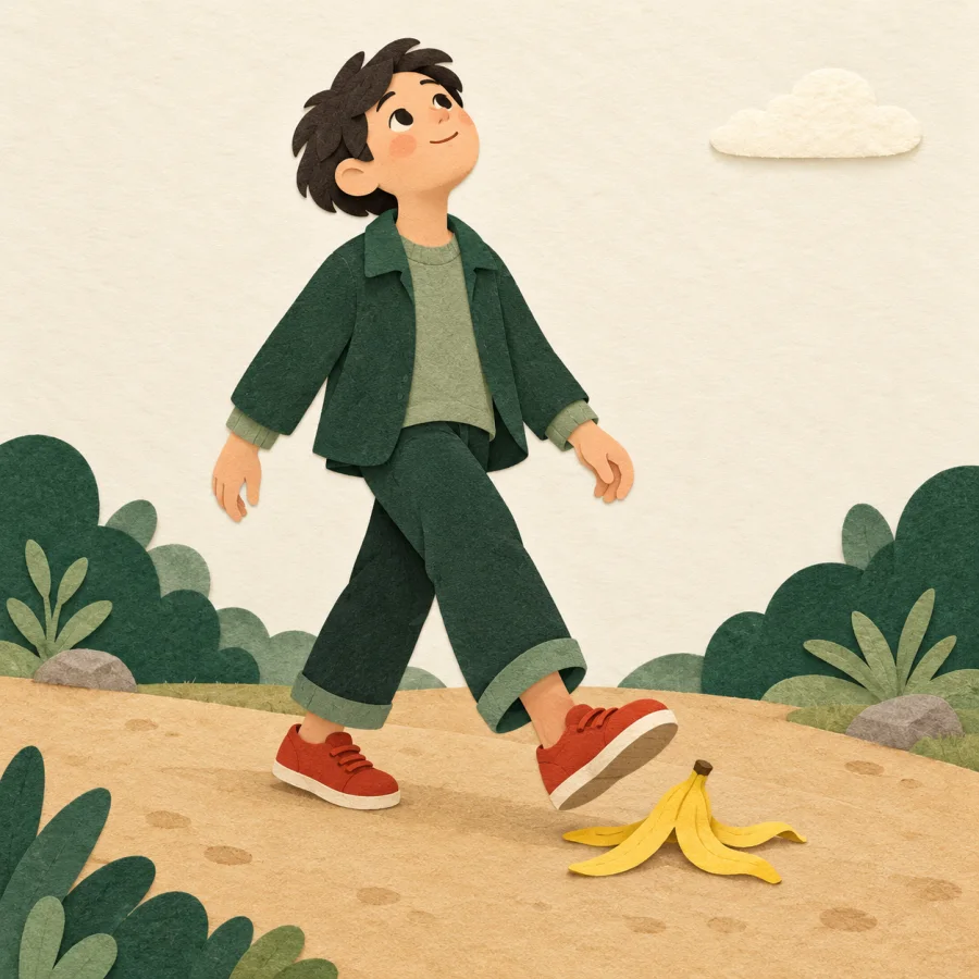 A person gazes at the sky about to step on a banana peel