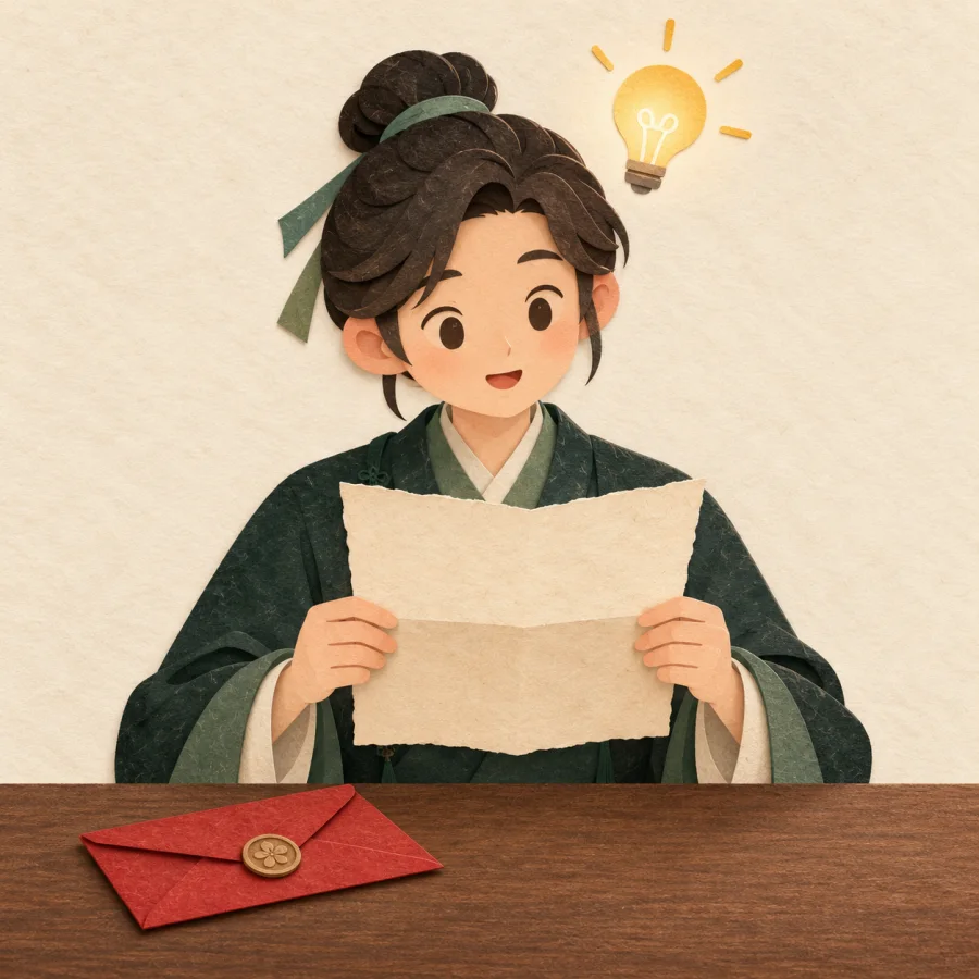 A person reads a letter with a lightbulb glowing overhead