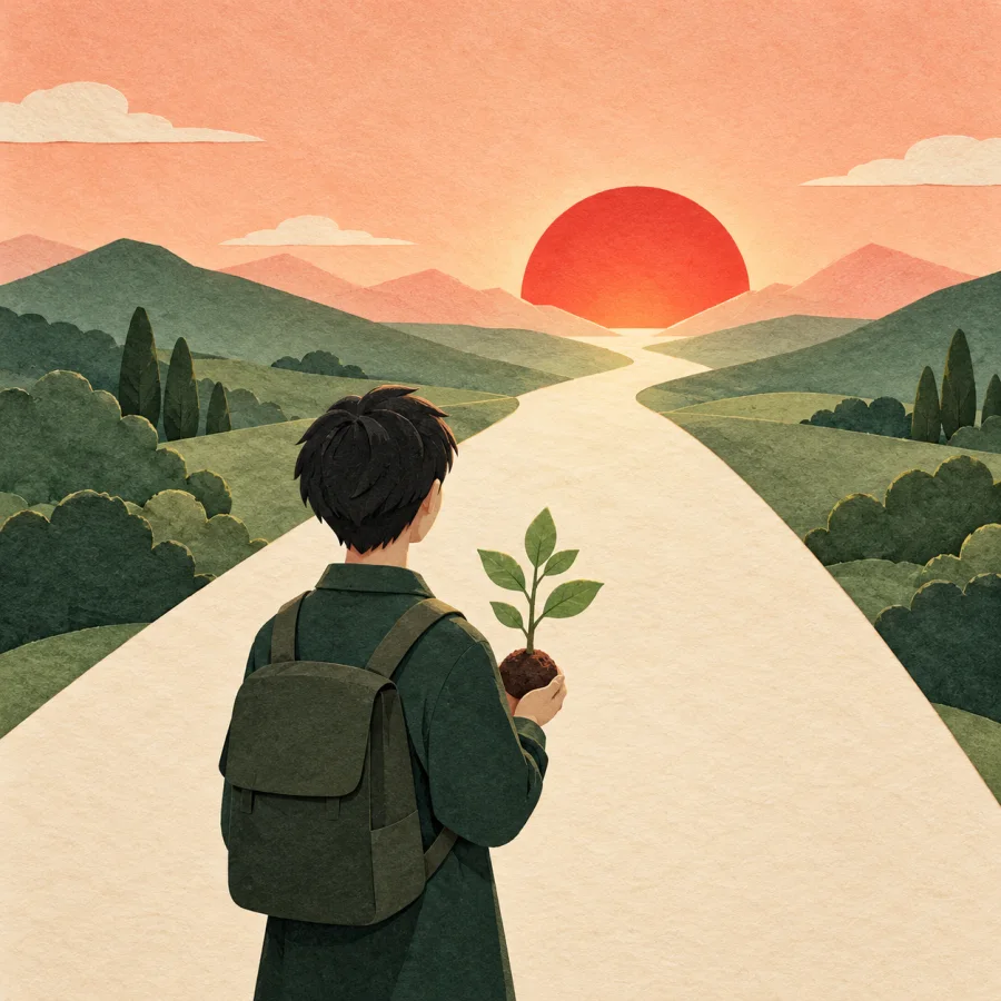 A person with a sapling stands before a wide road to the sunrise