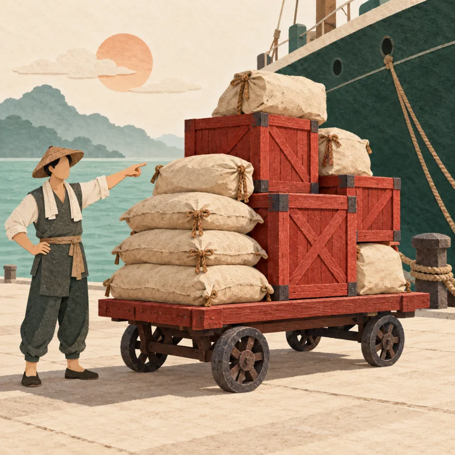 A tall pile of sacks and crates on a cart beside a ship