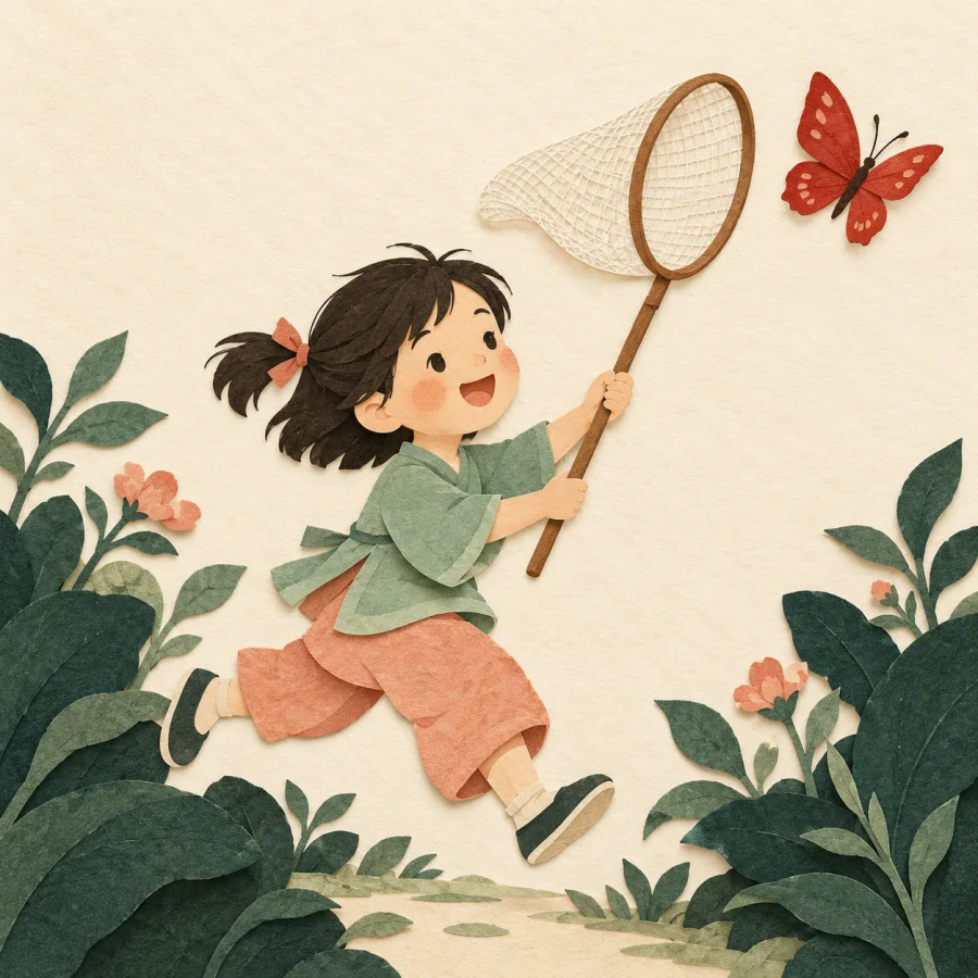 A child with a net runs after a butterfly in a garden