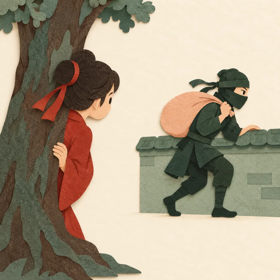 A masked figure sneaks along a wall while someone watches