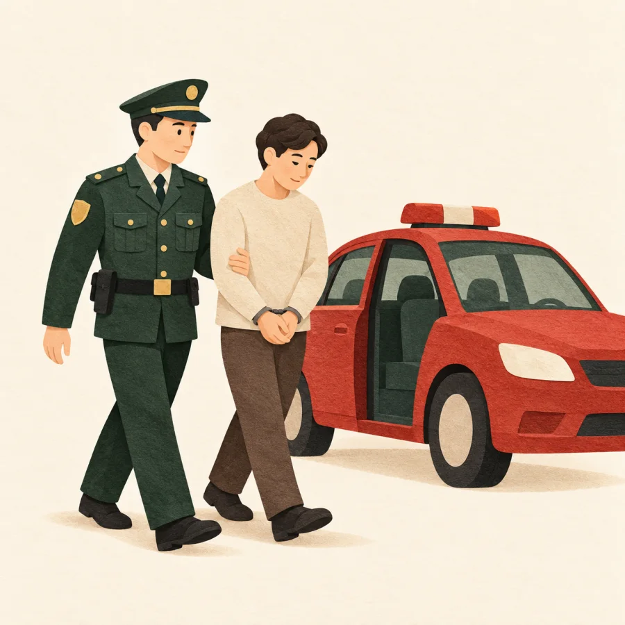A police officer leads a person toward a patrol car