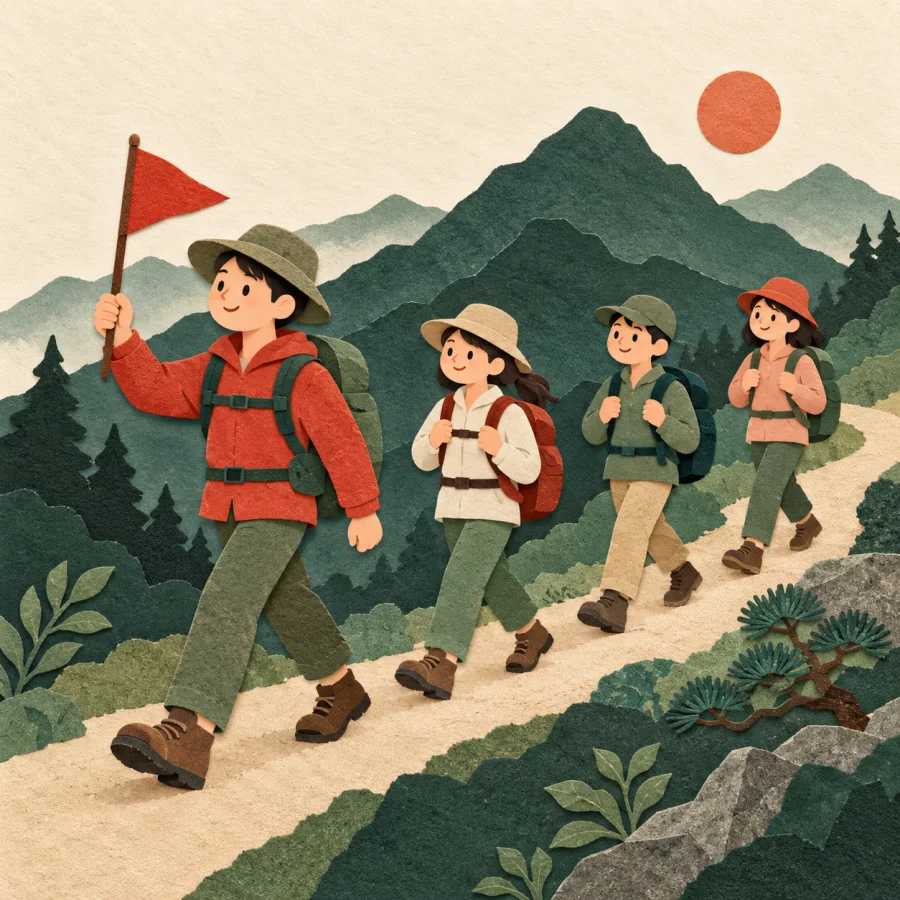 A person with a flag leads hikers up a mountain path