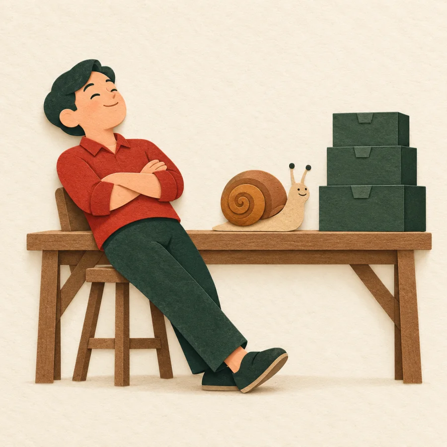 A person leans back with arms crossed beside a snail and boxes