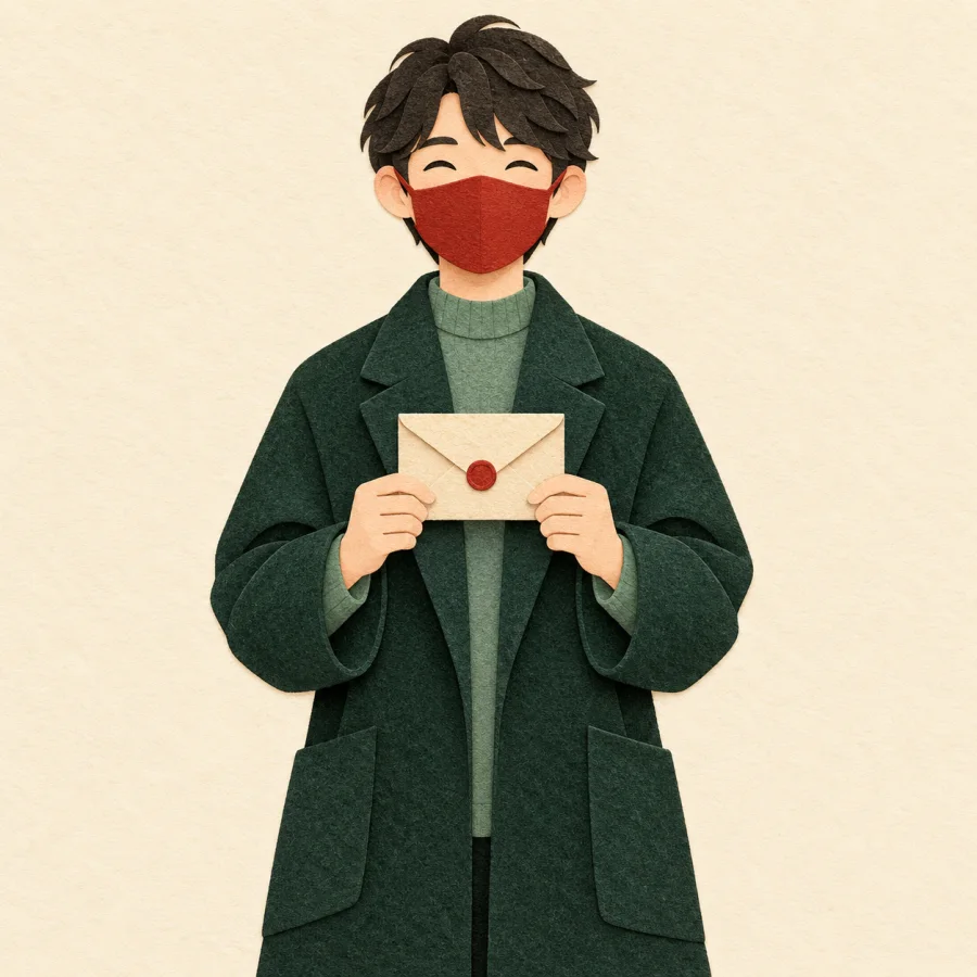 A person in a plain mask holds a sealed envelope