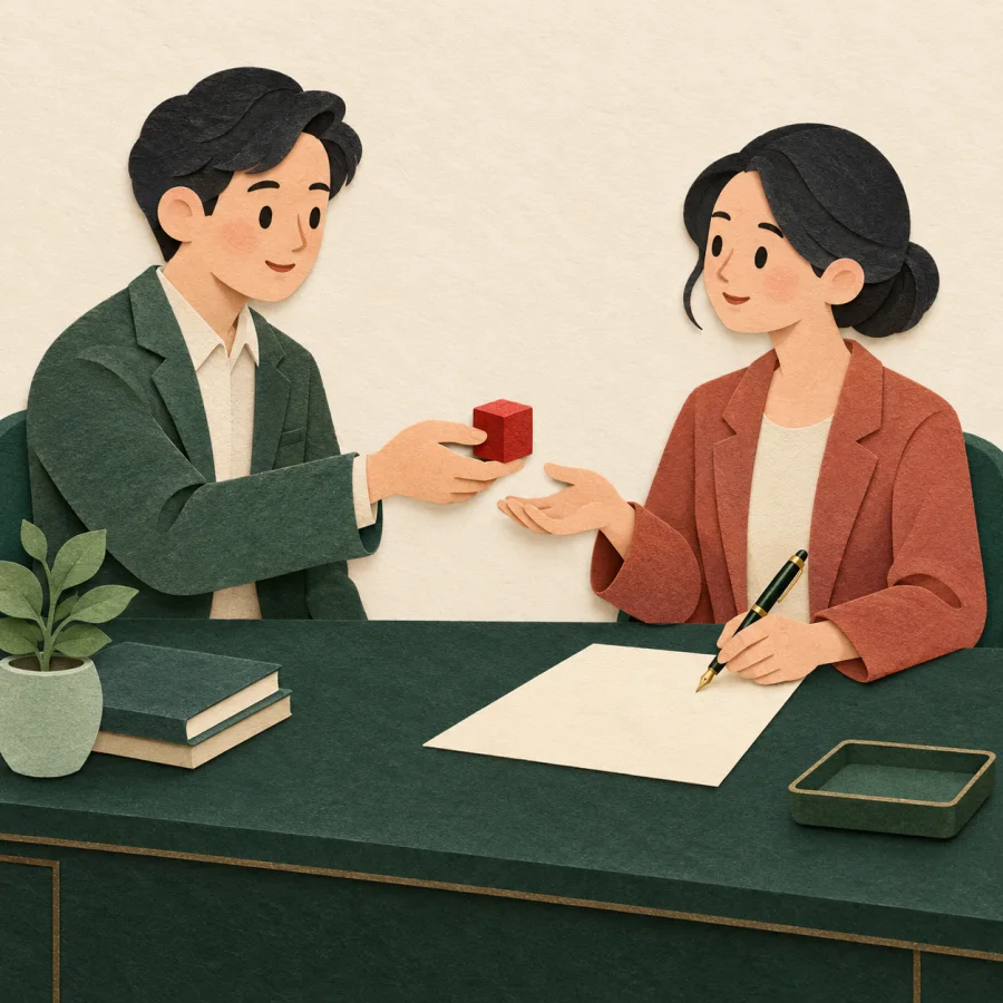 One person hands a seal to another who is about to sign