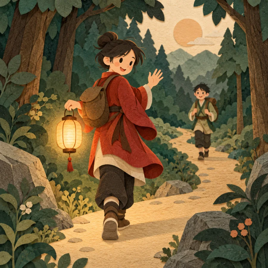 A person with a lantern walks ahead and waves another along