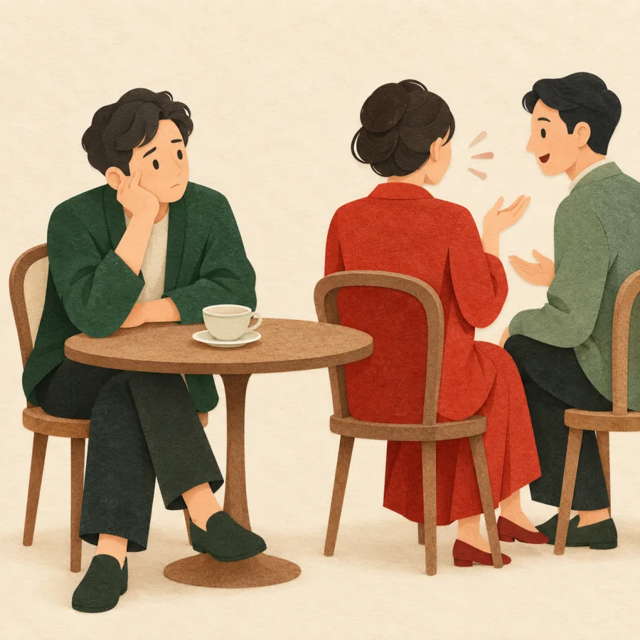 A guest sits alone at a table while the host turns away