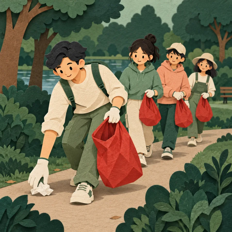 A person at the front of a line picks up litter first
