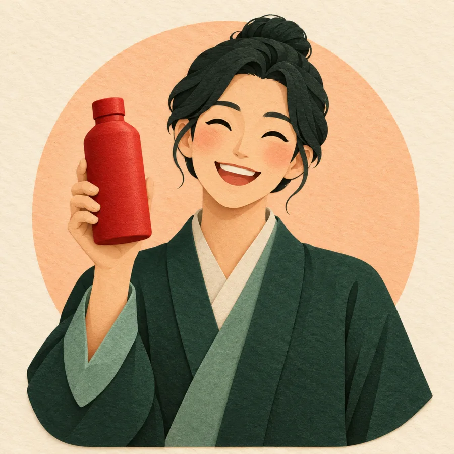 A smiling person holds up a bottle in front of a big spotlight