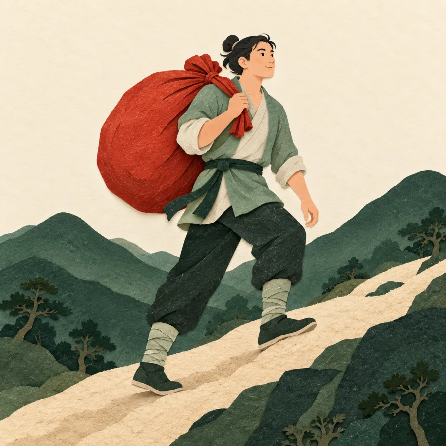 A person carries a large sack on one shoulder along a path