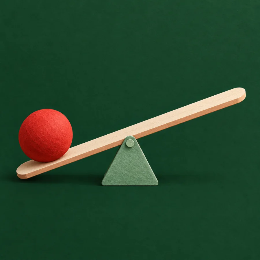 A seesaw with a ball on one end and the other end raised
