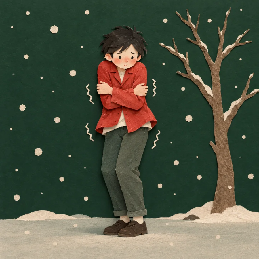 A slim person in a thin jacket shivers beside a bare tree