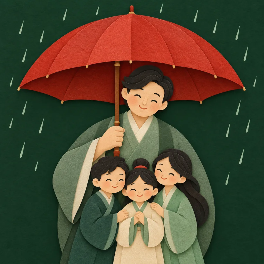A person holds a big umbrella over a small group in the rain