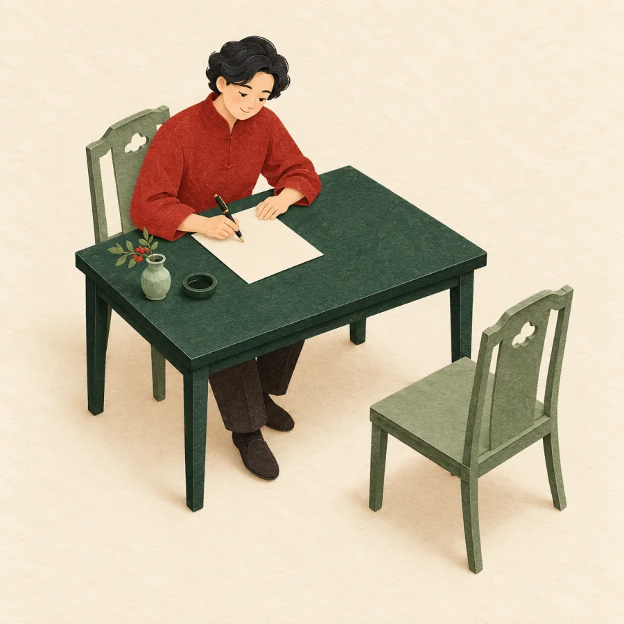 A person signs a paper alone, the chair opposite pushed away