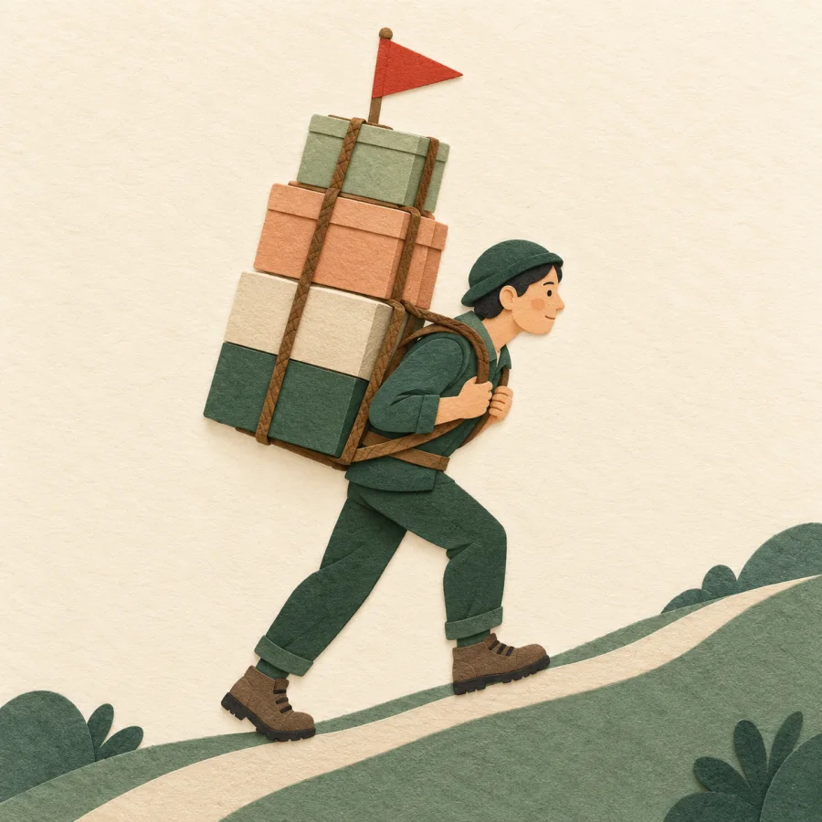 A person carries a tall stack of boxes up a hill