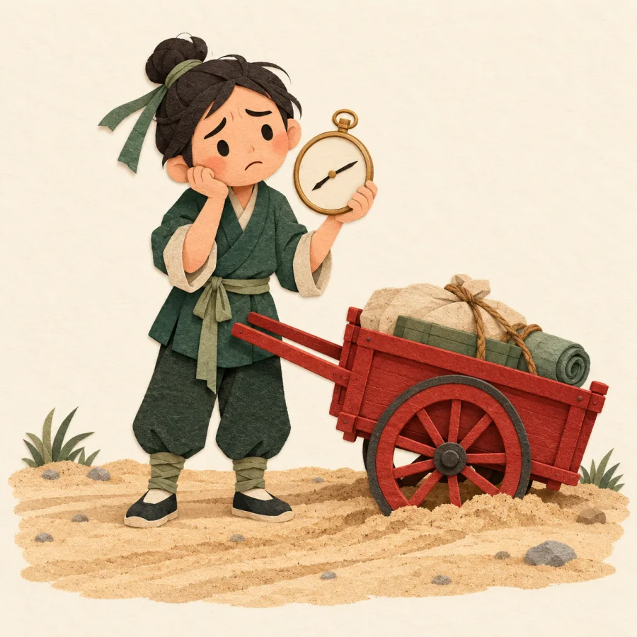 A worried person holds a pocket watch beside a stalled cart