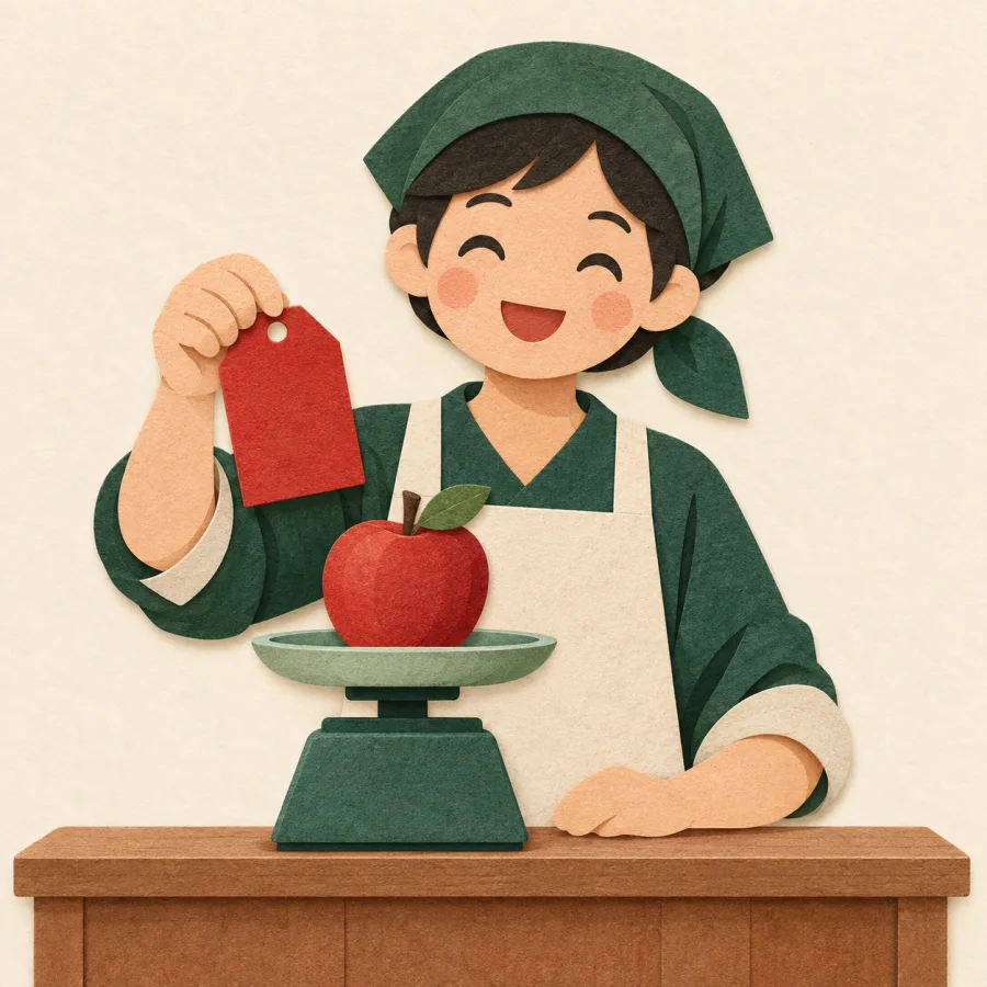 A person at a stall holds a blank tag beside one apple