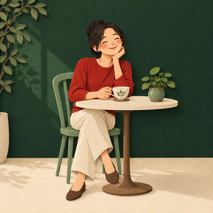 A person sits contentedly at a table set for one