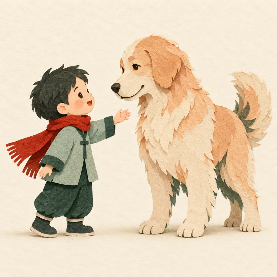 A child reaches a hand toward a large calm dog