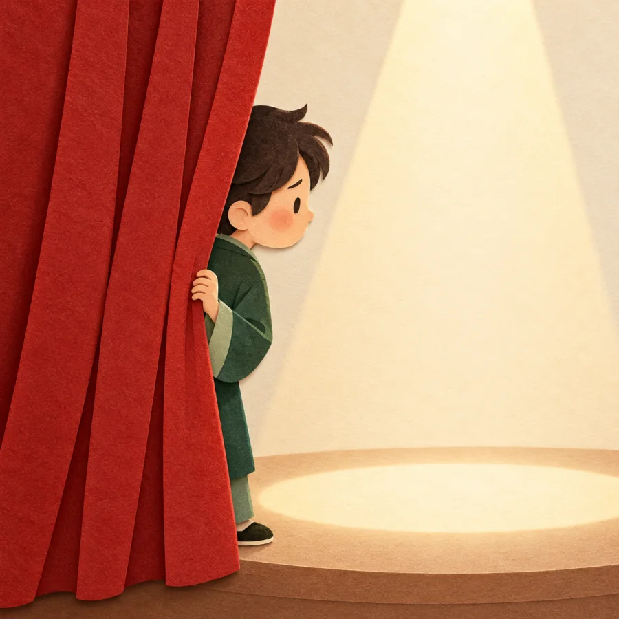 A small person peeks from behind a curtain at a stage