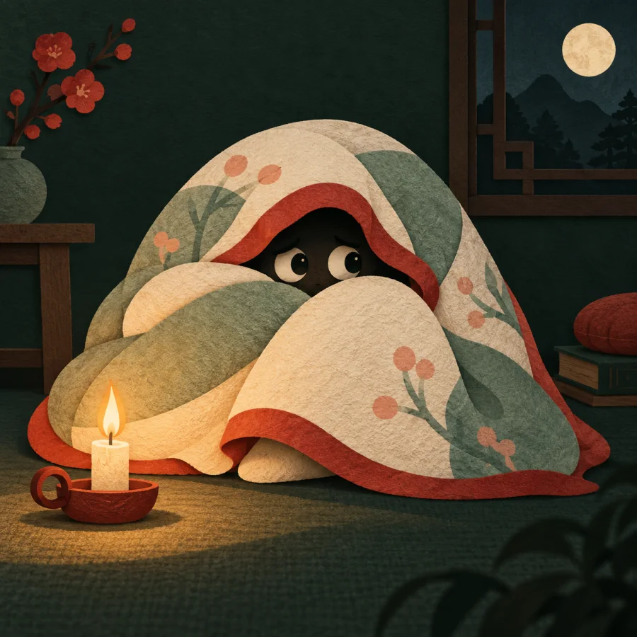 A child under a blanket with only wide eyes showing