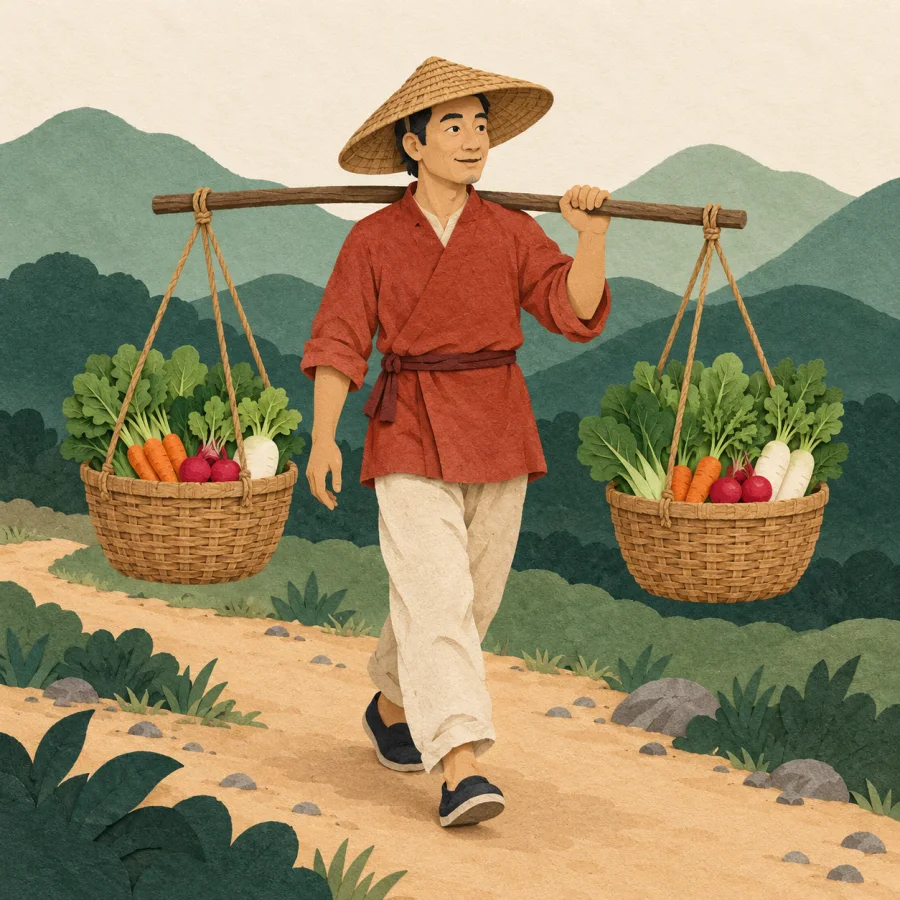 A farmer carries two baskets of vegetables on a pole