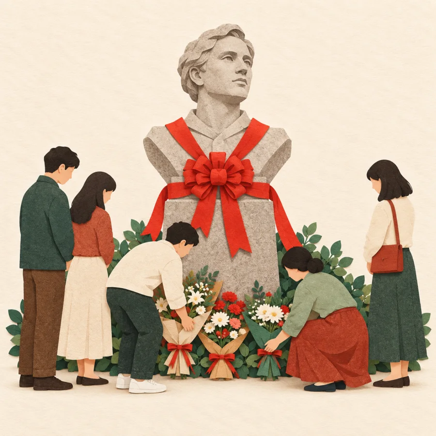 People lay flowers at a stone bust with a red ribbon
