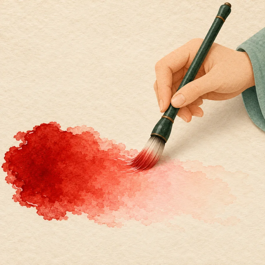 A person fades a red ink stain on paper with a wet brush