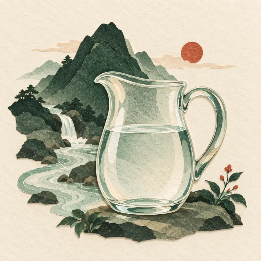 A jug of clear water beside a stream from a mountain