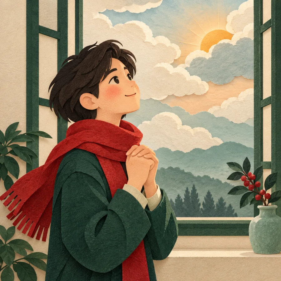 A person at a window clasps hands and looks at the clouds